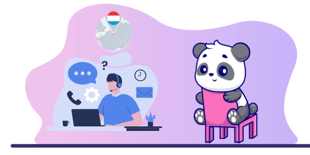 Happy panda cartoon character receiving excellent customer support, with a customer support agent on a laptop.