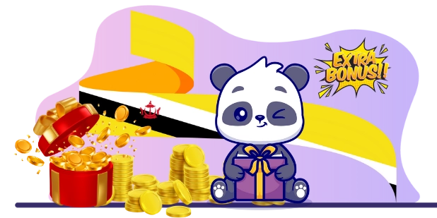 Playful panda cartoon celebrating an extra bonus, with a gift box, coins, and the Brunei flag.