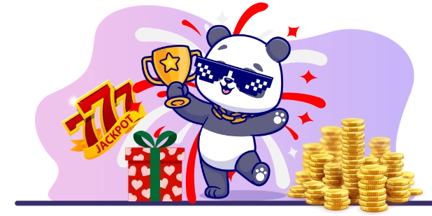 Playful panda cartoon enjoying a big win, with a trophy, sunglasses, and a "777 Jackpot" sign.