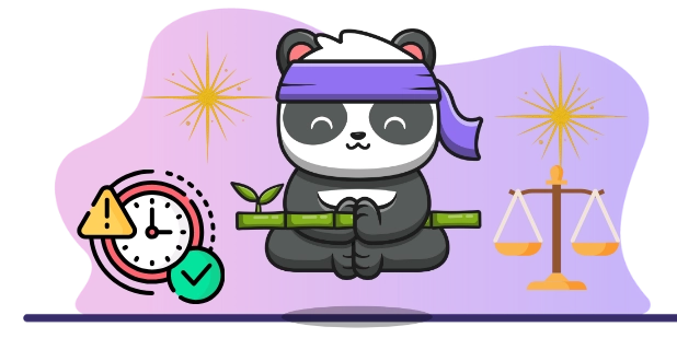 Cute panda cartoon character meditating with a headband, surrounded by a clock, a scale, and bamboo, suggesting a focus on balance and time management.