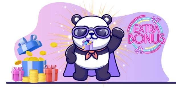 Cute panda cartoon character wearing sunglasses and a cape, holding a gift box with coins, surrounded by more gift boxes and the words "EXTRA BONUS", suggesting a focus on online casino bonuses and promotions.