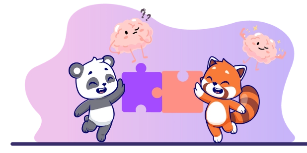 A cute panda and red panda working together to solve a puzzle, with brain icons representing problem-solving and teamwork.