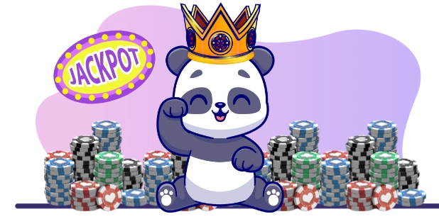 Playful panda cartoon celebrating a jackpot win, with stacks of casino chips and a crown.