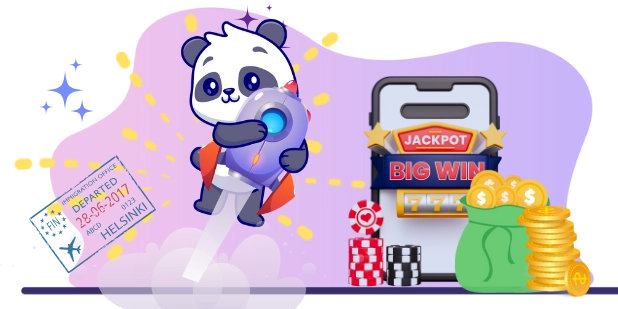 A cartoon panda in a red cape holds a rocket and launches into the air with a joyful expression. Behind it, there’s a winning slot machine screen showing "BIG WIN" and "JACKPOT," along with casino chips, stacks of coins, and a green money bag.