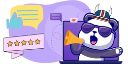 A cool panda wearing sunglasses and a Viking helmet, popping out of a laptop screen and shouting through a megaphone. There are speech bubbles with thumbs-up icons and five stars in the background.