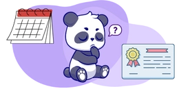 A confused panda is sitting next to a calendar and a certificate with a gold medal. The panda has a question mark above its head.