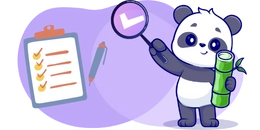 A cute panda is holding a magnifying glass with a checkmark and a piece of bamboo. A clipboard with a checklist is in the background.