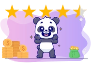 Panda standing in front of a pile of gold coins and a money bag with a star background. There are five stars and a half star above the panda, indicating a high rating.