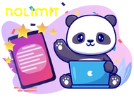 A cute panda is sitting on a laptop and waving. A smartphone with a high rating is next to it. The text 