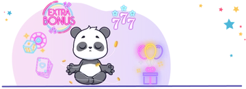 Panda meditating with neon lights in the background, surrounded by casino symbols and a gift box.