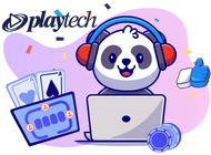 A cute panda wearing headphones is sitting at a laptop, with playing cards, poker chips, and a thumbs-up emoji in the background. The Playtech logo is visible in the top left corner.