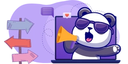 A cool panda wearing sunglasses, popping out of a laptop screen and shouting through a megaphone. There are directional signs in the background.