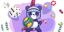 A cute panda dressed as a gladiator, holding a shield and sword. Dice and poker chips are floating around it.