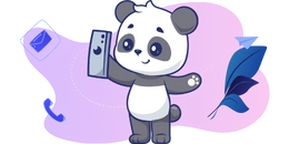 A cute panda is taking a selfie with a smartphone. There are email, phone, and paper airplane icons in the background.