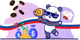 Panda with sunglasses, holding a trophy and standing next to a pile of money and a Slovak flag.