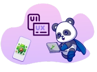 A cute panda using a laptop, with UI and UX icons and a smartphone with an app icon