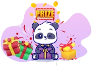 A cute panda holding a gift surrounded by more gifts and coins