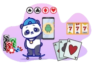 A cool panda holding a smartphone with casino game icons, standing on a skateboard