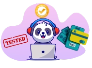 A panda wearing headphones, working on a laptop, with tested and quality guaranteed badges, and payment methods icons