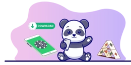 A cute panda holding a smartphone, with a download button and playing cards