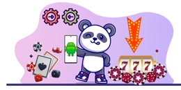 A cute panda holding a smartphone with a casino app icon, surrounded by casino symbols