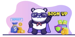 A cool panda wearing sunglasses and a cape, holding a "Sign Up" sign, with deposit and secure icons