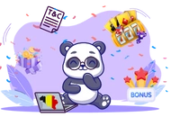 Panda on a laptop with a Belgian flag sticker, surrounded by slot machines and bonuses.