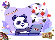 Panda sitting at a laptop, surrounded by casino symbols like cards, chips, and a slot.