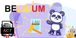 Panda standing next to a gavel and law document, with the word "BELGIUM".