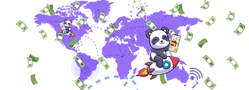 Three smiling pandas riding a rocket over a world map with money flying around.