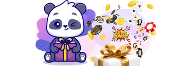 Smiling panda holding a gift box, surrounded by casino chips, cards, bonus banner and coins.