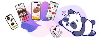 Smiling panda surrounded by cards and iPhones, each showing different casino games.