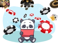 Panda holding a tablet, surrounded by casino chips, cards, roulette and a slot machine.