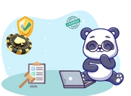 Smiling panda with glasses using a laptop, surrounded by gambling safety symbols.