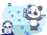 Two pandas communicating with an iPhone and computer with a headphone, surrounded by blue dice.