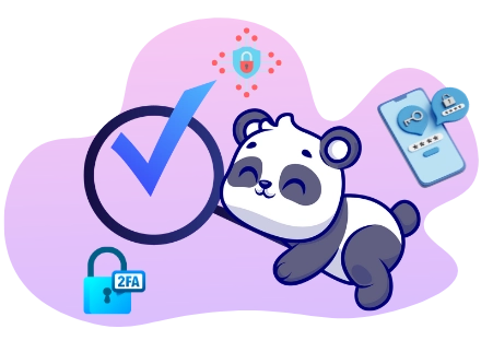 Cute panda cartoon sleeping peacefully, surrounded by security symbols like a lock, a shield, and a phone with 2FA enabled.