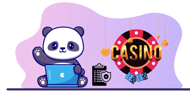 Happy panda cartoon character enjoying the benefits of online casinos, with a laptop, a checklist, and a casino chip.