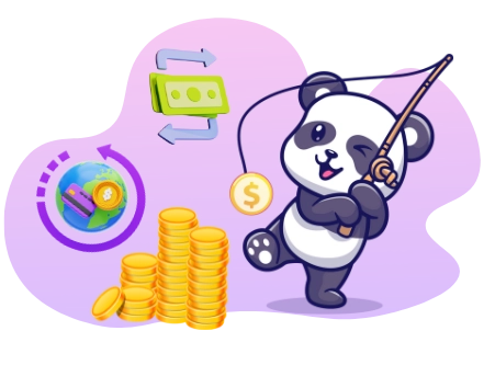 Happy panda cartoon character enjoying financial success, with a fishing rod, coins, and a globe.