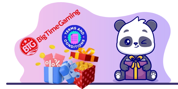 Big Time Gaming logo with a cute panda holding a gift box, surrounded by other gift boxes, coins, and a "Terms and Conditions" sign, suggesting a focus on bonuses and promotions.