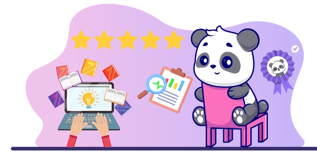 Cute panda cartoon character sitting on a chair, surrounded by books, a laptop, a clipboard, and a five-star rating, suggesting a focus on quality and customer satisfaction.