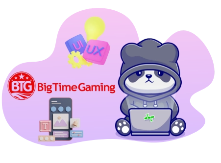 Big Time Gaming logo with a cute panda character working on a laptop, surrounded by UI/UX design elements, suggesting a focus on innovative and user-friendly gaming experiences.