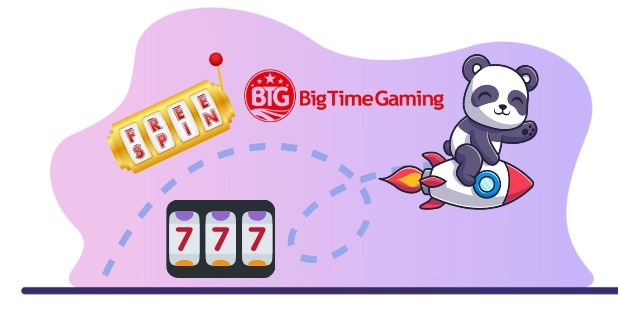 Big Time Gaming logo with a cute panda riding a rocket towards a slot machine with "FREE SPIN" and "777" symbols, suggesting a focus on exciting gaming experiences.