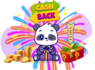 A panda celebrating with fireworks, holding a gift, and surrounded by coins and presents