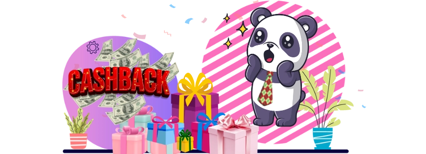 Happy panda cartoon character enjoying a cashback reward, with gifts and money.