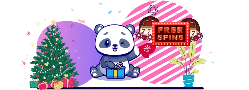 Cute panda cartoon character with a Christmas gift, next to a decorated Christmas tree and a "Free Spins" sign, suggesting a festive casino promotion.