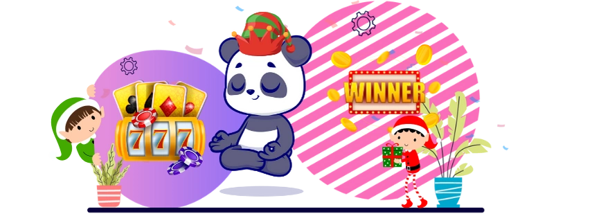 Happy panda cartoon character enjoying a casino win, meditating with a slot machine, a "WINNER" sign, and two elves.