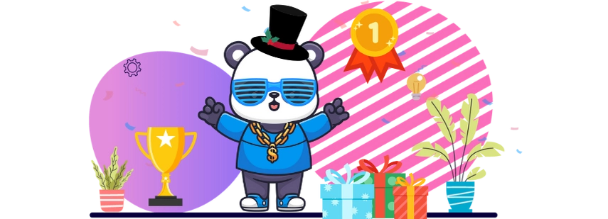 Cute panda cartoon character wearing a hat and sunglasses, holding a trophy and standing next to a stack of presents, suggesting a celebration of success.