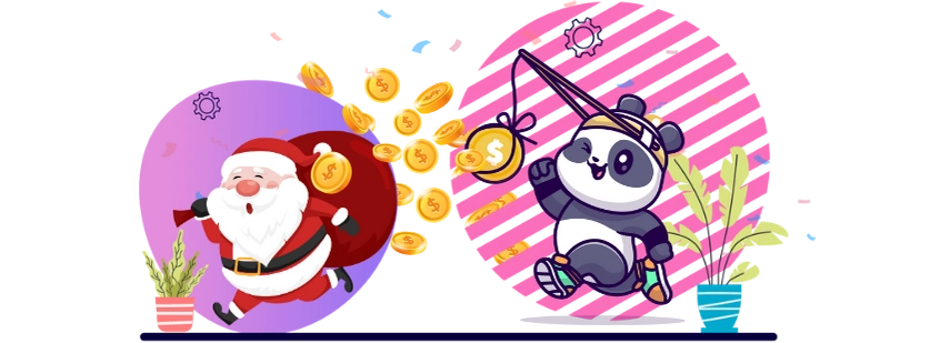 Cute panda cartoon character fishing for coins from Santa's bag, suggesting a festive casino promotion with special rewards.