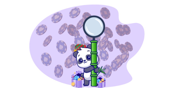 Playful panda cartoon searching for the best casino offers, with a magnifying glass and casino chips.