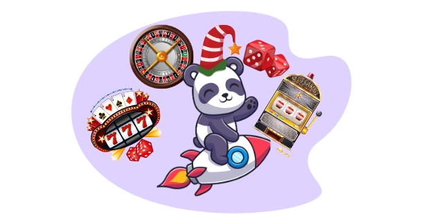 Happy panda cartoon character enjoying a thrilling casino ride, with a rocket and casino symbols.